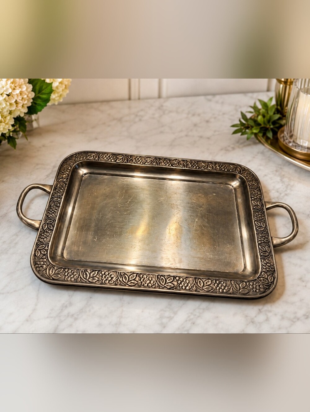Pottery Barn Aluminum Silver Metal Serving Decorative 14x11" Tray Handles Grapes